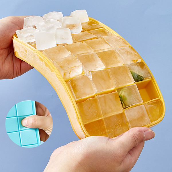 Eiswürfelbox mit Deckel Gelb Silikon Eiswürfelform 32 Fächer Eiswürfelbereiter Eisbox