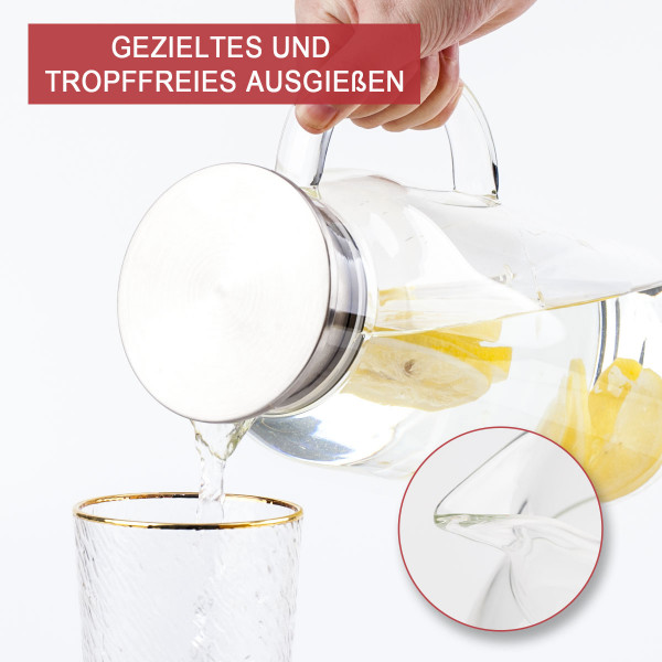 1,7L Glaskaraffe mit Edelstahl Deckel und Henkel + 1x Barlöffel