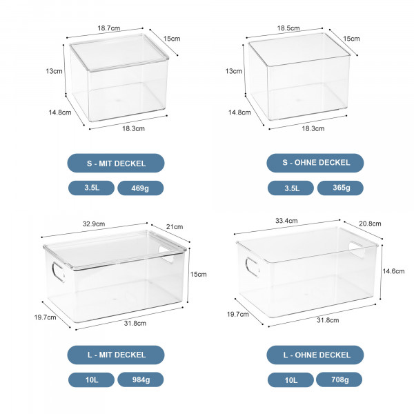 Aufbewahrungsbox Set Transparent mit Deckel 1x L + 2x S