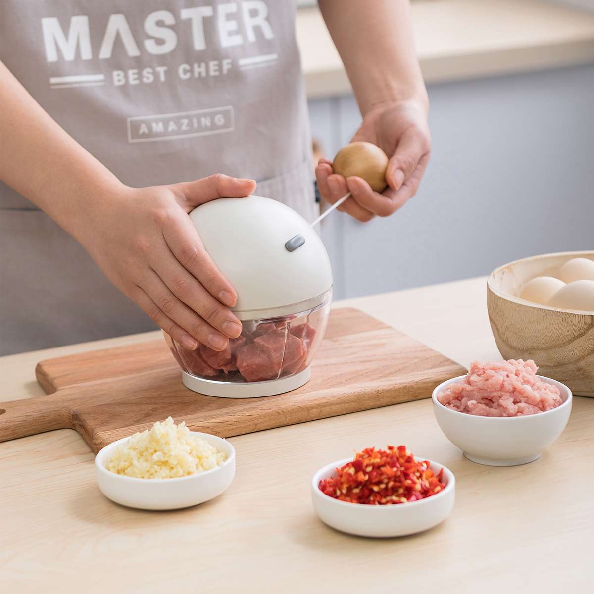 3-Klingen Zerkleinerer mit Holzgriff manuell | Zerkleinerer | Küchenhelfer | Kochen & Küche
